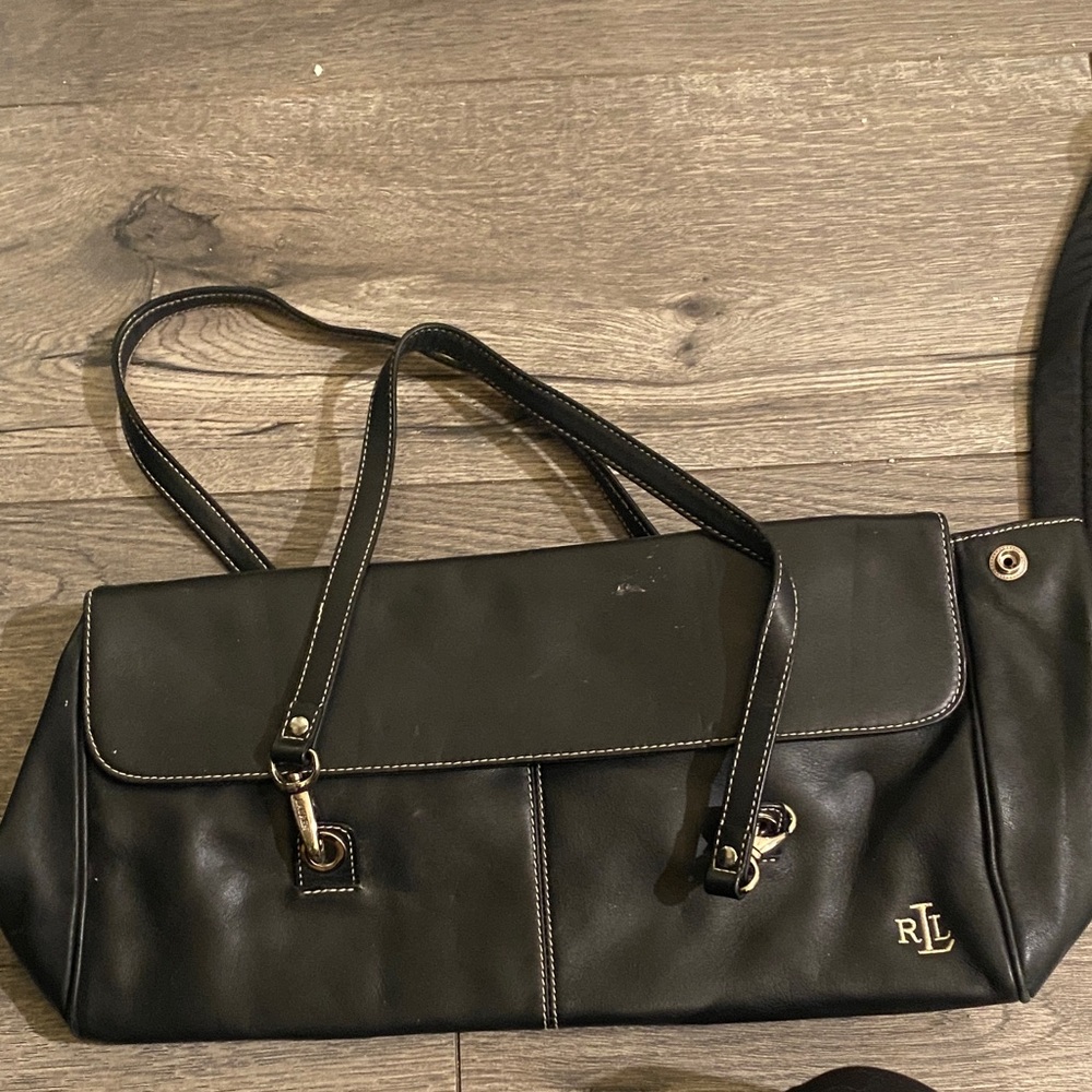 Ralph Lauren Black Leather Double-Handle Shoulder Bag with Gold Hardware